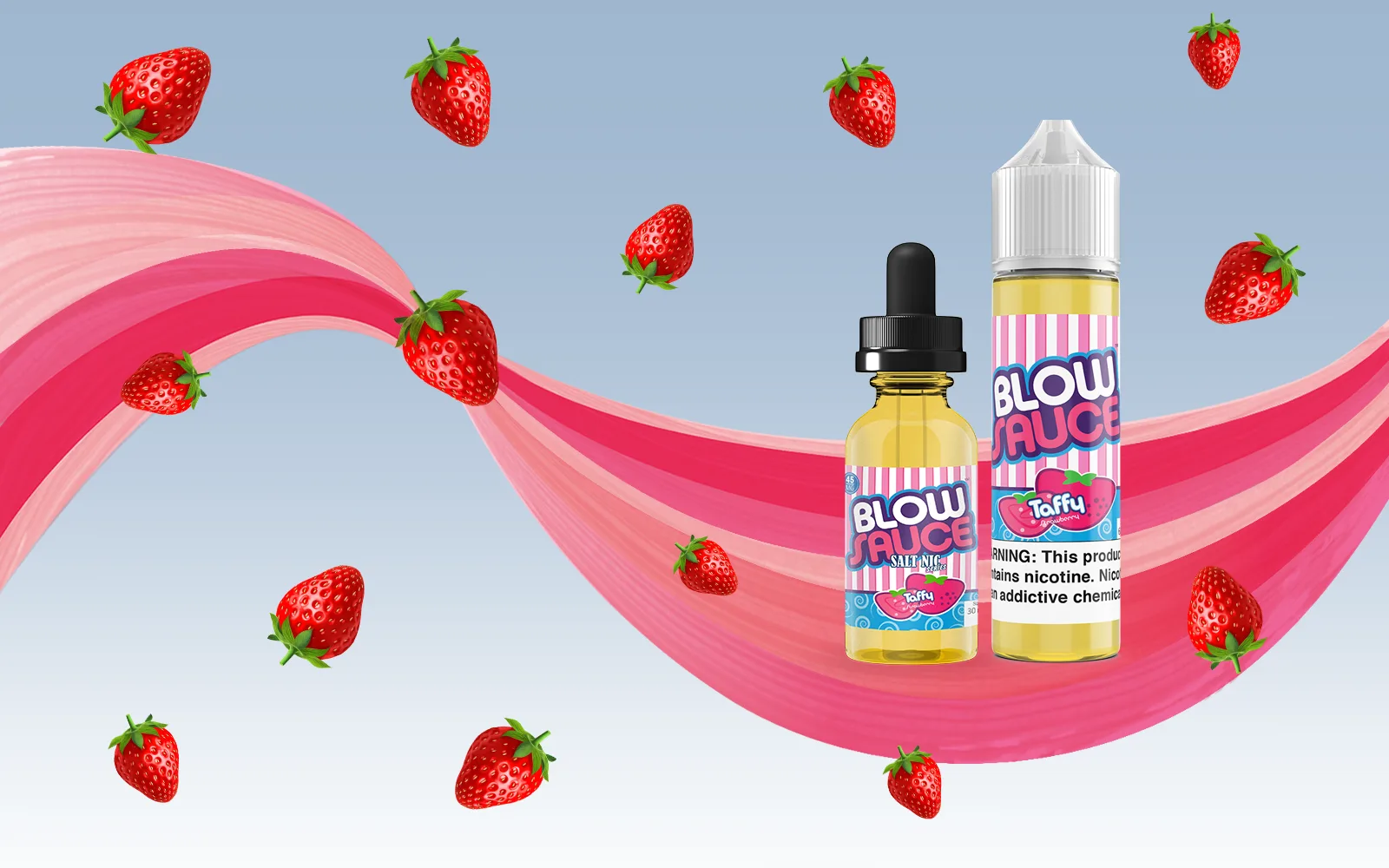 BlowSauce Strawberry Taffy bottles with strawberries